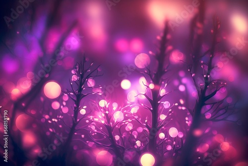 Purple violet Glowing neon magic scene. Bokeh effect. Magic glowing balls. Fairy wallpaper. Generative AI illustration.