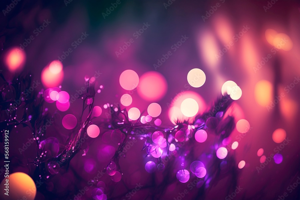 Purple violet Glowing neon magic scene. Bokeh effect. Magic glowing balls. Fairy wallpaper. Generative AI illustration.