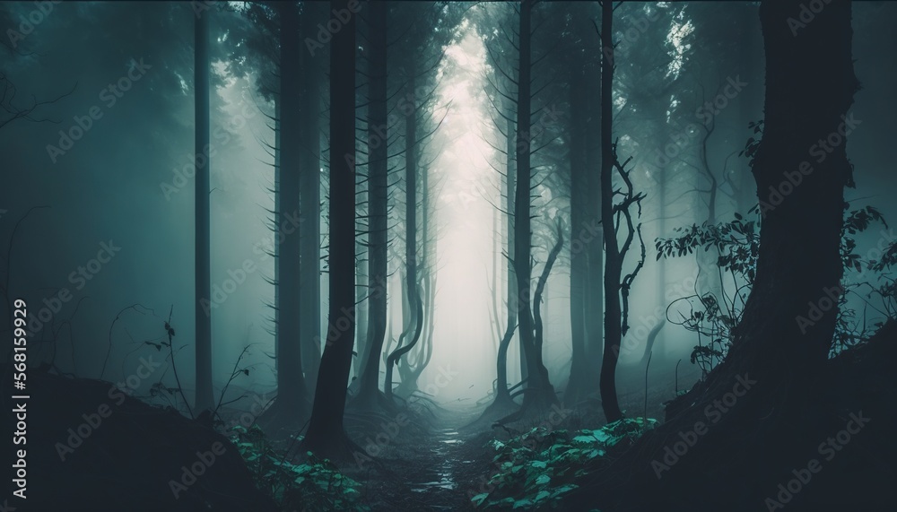 a dark forest with a path through the woods and fog in the air, with trees and bushes on either side of the path, and a path leading to the center of the woods.  generative ai