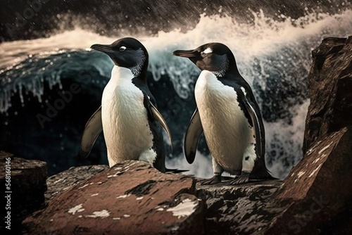  two penguins standing on a rock next to a body of water with a wave coming in behind them and a splash of water behind them.  generative ai