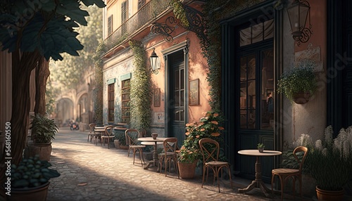  a painting of a street with tables and chairs on the side of the street and a tree in the middle of the street with potted plants on either side of the street. generative ai