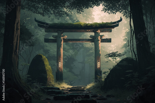 Generative AI illustration of a Torii portal in a forest