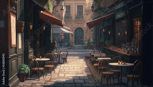  a painting of a narrow street with tables and chairs and a building in the background with a clock on the side of the street and a lamp post. generative ai
