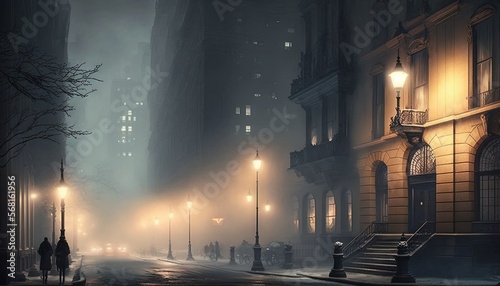  a city street at night with fog and street lights on the buildings and people walking down the street on a rainy night in the city. generative ai