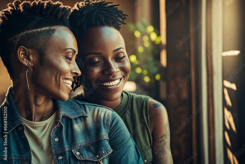 Young aged black lesbian couple smile in love in an intimate moment, Generative AI