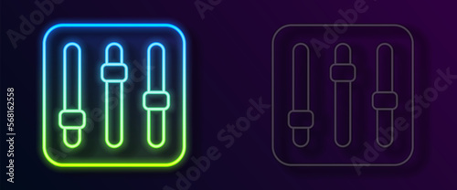 Glowing neon line Sound mixer controller icon isolated on black background. Dj equipment slider buttons. Mixing console. Vector