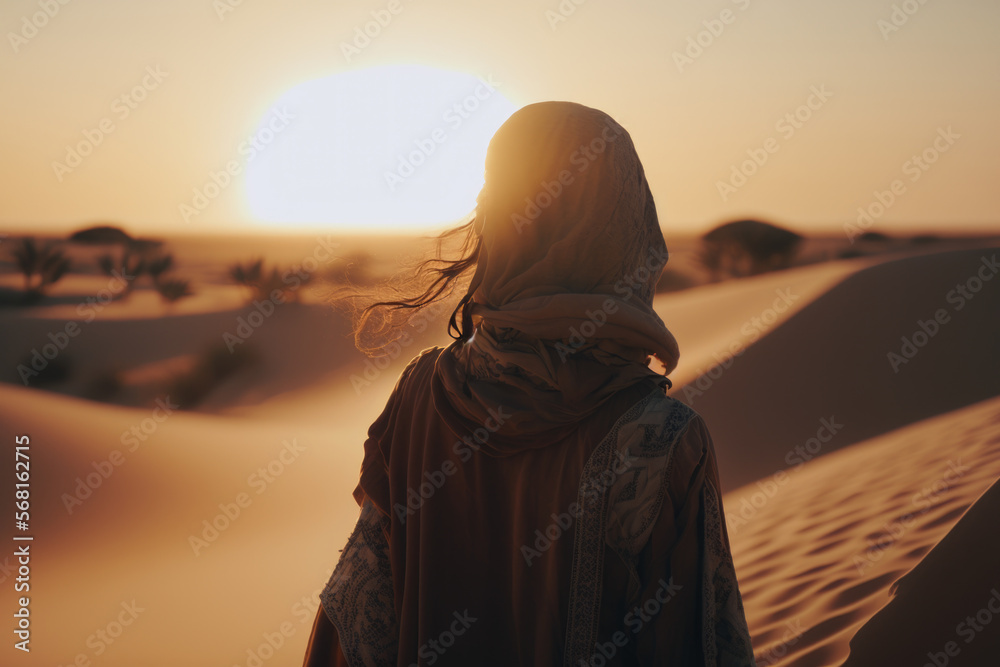 Arabian woman walk in the desert sand dunes at sunset. generative ai Arabian woman walk in the desert sand dunes at sunset. generative ai