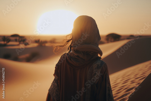 Arabian woman walk in the desert sand dunes at sunset. generative ai