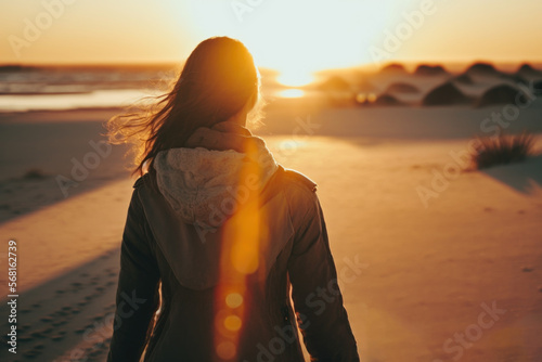 Woman walking on the beach at sunset. generative ai