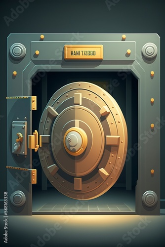 cartoon illustration, bank vault with safe door, generative ai