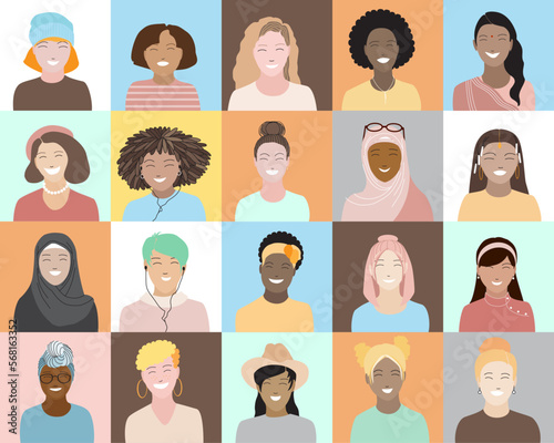 Seamless pattern with set of 20 diverse beautiful happy smiling women avatar icons, square frames. Races and nationalities diversity, multicultural, multi ethnic female characters collection vector.