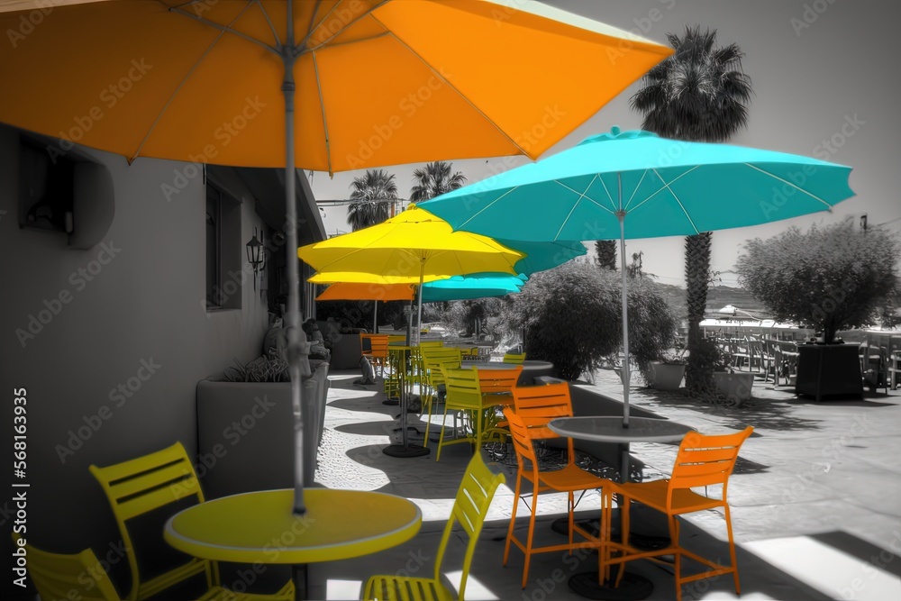  a group of tables and chairs with umbrellas over them on a patio with palm trees in the backgrouf of the building.  generative ai