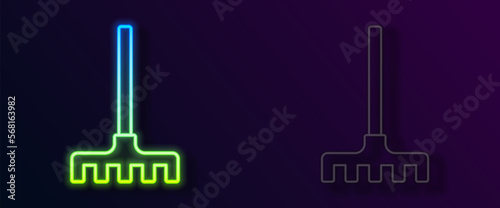 Glowing neon line Garden rake icon isolated on black background. Tool for horticulture, agriculture, farming. Ground cultivator. Housekeeping equipment. Vector