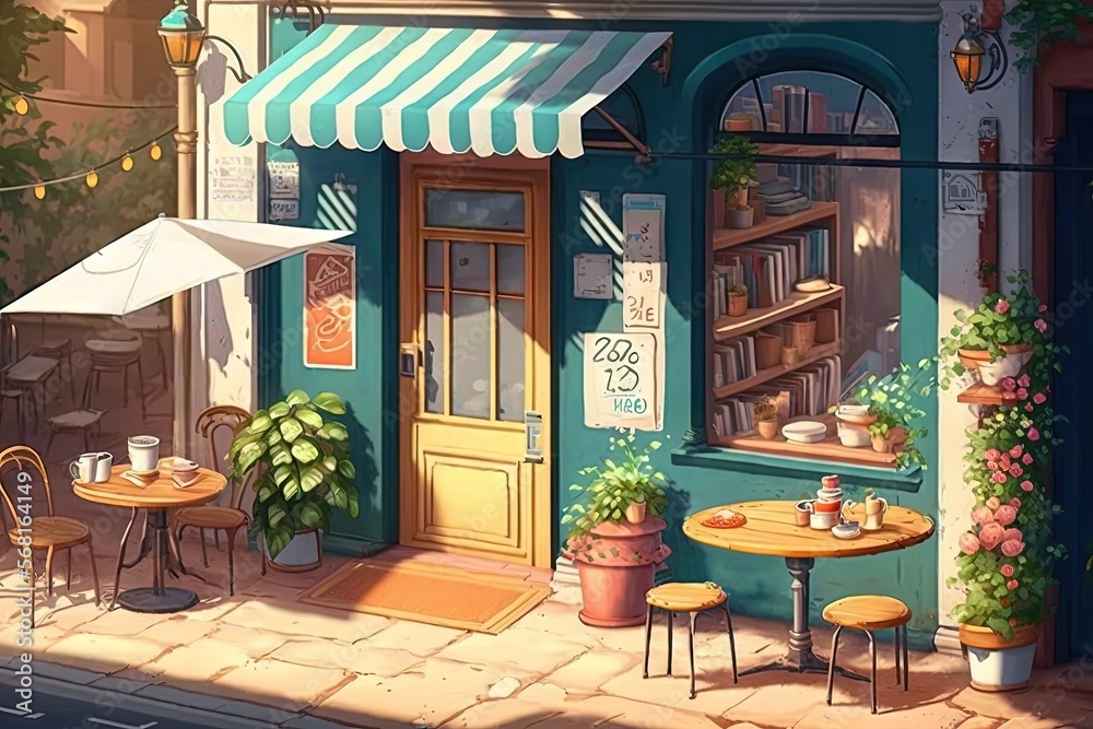 a painting of a coffee shop with a table and chairs and an umbrella on the  outside of the building with a sign that says cafe. generative ai Stock  Illustration | Adobe