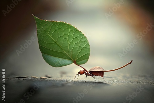  a green leaf is on the ground with a small insect on it's back legs and legs, with a single leaf attached to it's back end.  generative ai photo