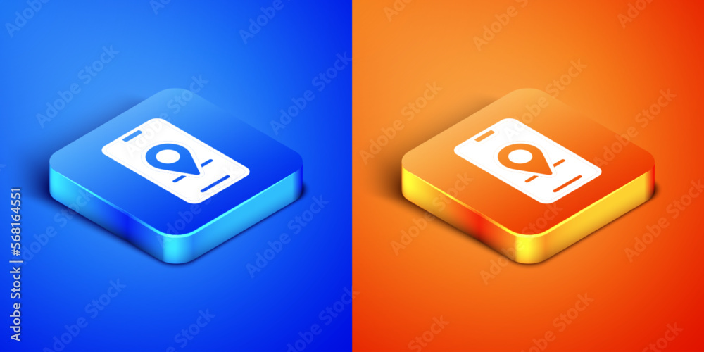 Isometric Infographic of city map navigation icon isolated on blue and orange background. Mobile App Interface concept design. Geolacation concept. Square button. Vector