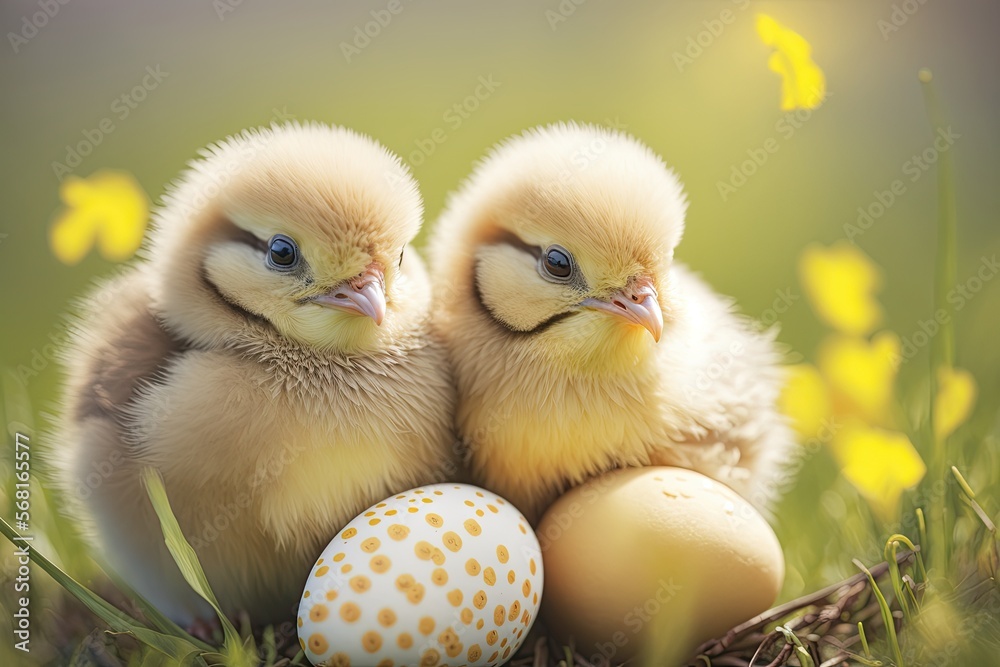 Baby Chicks with Easter Eggs, Green Spring Field with Flowers and Farm Animals, Cute Baby Birds, Easter Basket