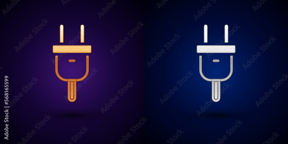 Obraz premium Gold and silver Electric plug icon isolated on black background. Concept of connection and disconnection of the electricity. Vector