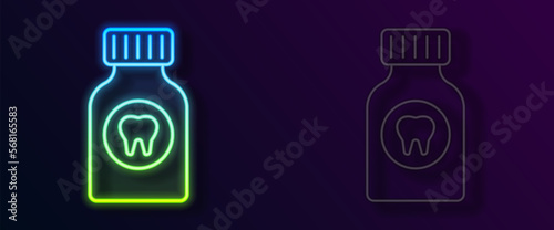 Glowing neon line Toothache painkiller tablet icon isolated on black background. Tooth care medicine. Capsule pill and drug. Pharmacy design. Vector