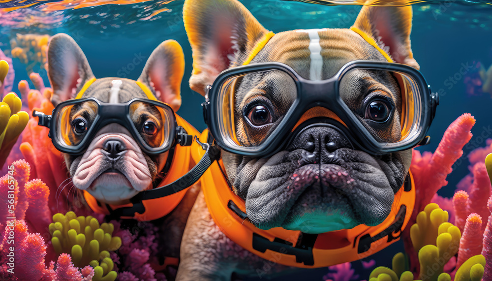 Couple French Bulldogs wearing snorkel and mask swimming through a colorful coral reef. Generative AI