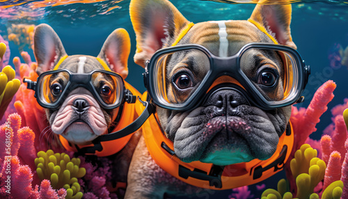 Couple French Bulldogs wearing snorkel and mask swimming through a colorful coral reef. Generative AI © Kanachi Graphics