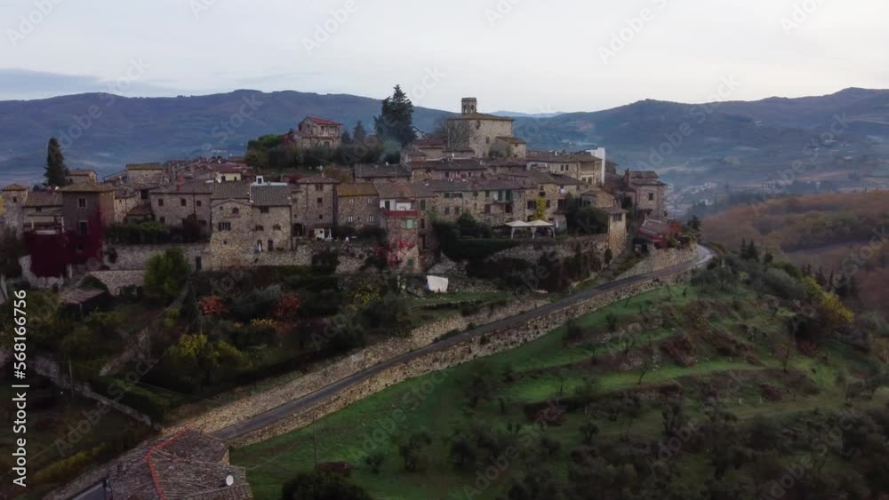 Aerial shot of Montefioralle, a village in Tuscany, Italy, a hamlet in the municipality of Greve in Chianti. Aerial shot of Montefioralle, a village in Tuscany, Italy, a hamlet in the municipality of Greve in Chianti.