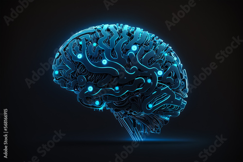 front view of human brain technology glowing lights. Generative AI