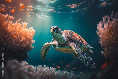 Hawksbill Turtle floats under water. Generative AI © Brijesh
