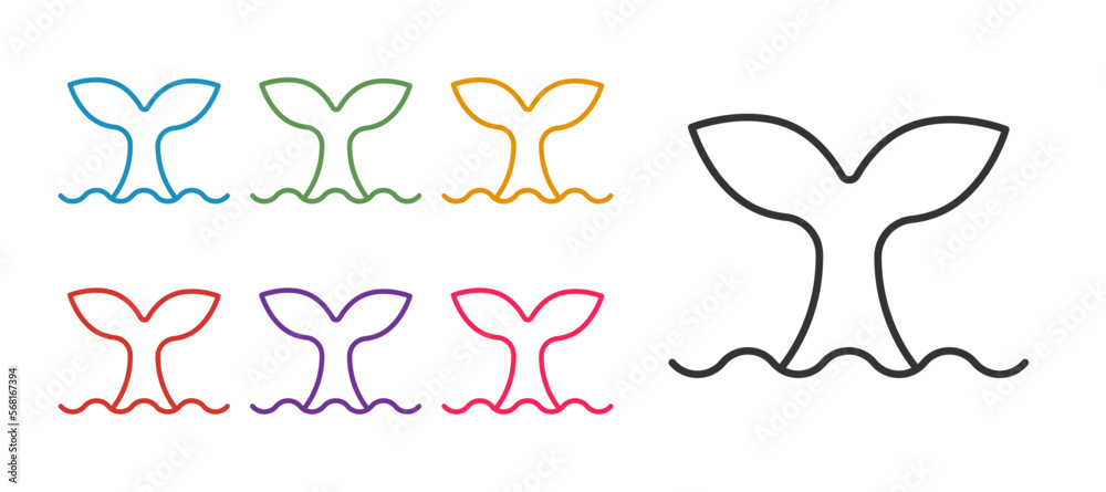 Set line Whale tail in ocean wave icon isolated on white background. Set icons colorful. Vector
