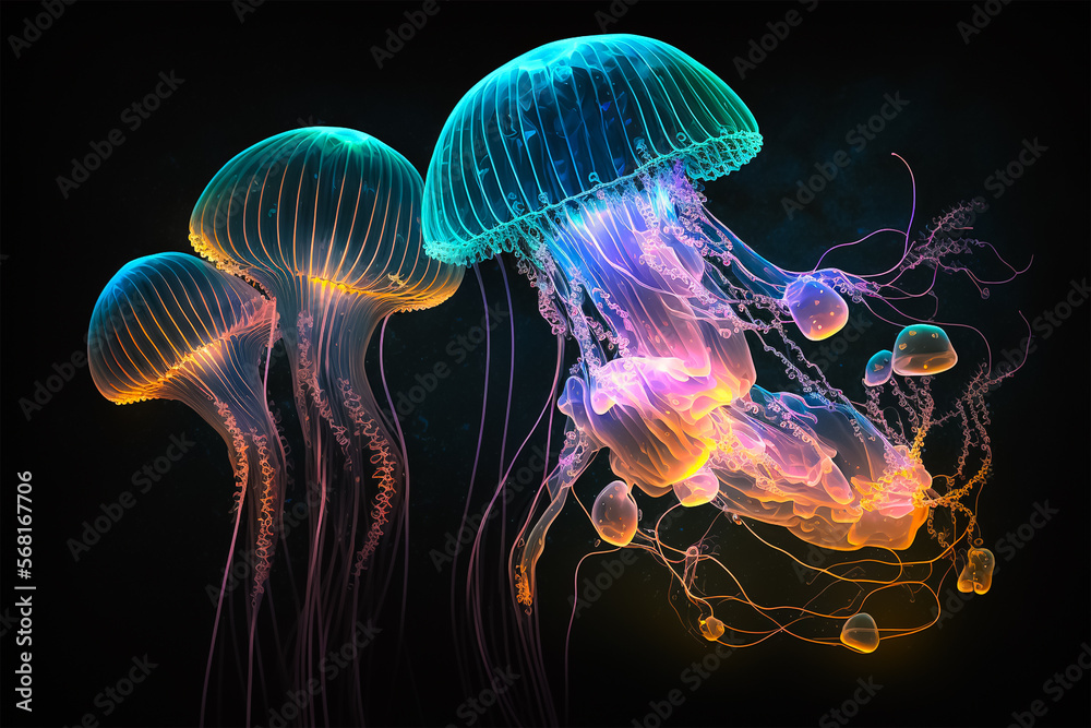 Fototapeta premium The Little Swimmer cute illuminated Jellyfish. Generative AI