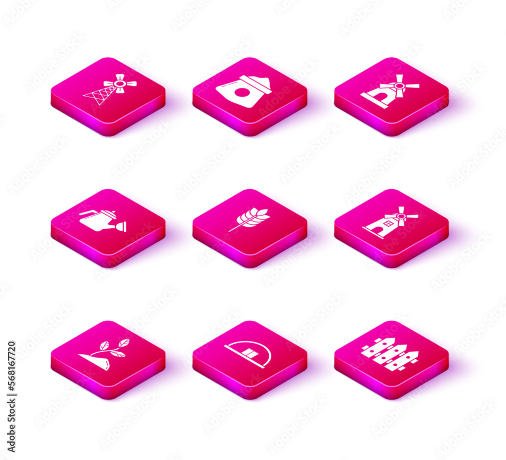Set Sprout, Hangar, Watering can, Cereals with rice, wheat, corn, oats, rye, Garden fence wooden, Windmill, and Bag of flour icon. Vector Set Sprout, Hangar, Watering can, Cereals with rice, wheat, corn, oats, rye, Garden fence wooden, Windmill, and Bag of flour icon. Vector