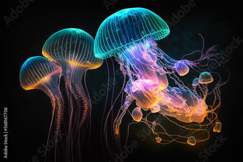 The Little Swimmer  cute illuminated Jellyfish. Generative AI © Brijesh