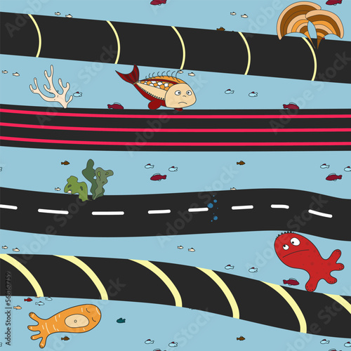 Underwater cables on the seabed. Pipes across the ocean. Pollution of the environment. Vector image in cartoon style.