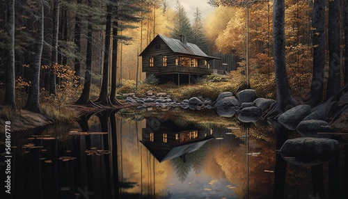  a painting of a cabin in the woods with a lake in front of it and a reflection of the cabin in the water in the foreground. generative ai