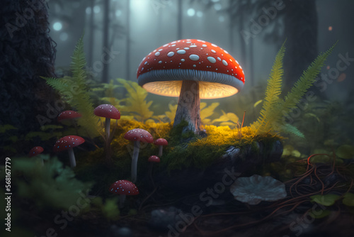 Beautiful red Bioluminescent Mushrooms in the forest. Generative AI