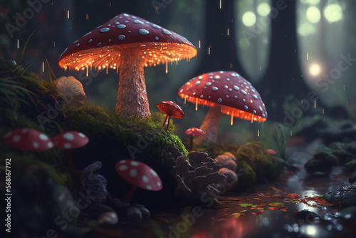 Beautiful red Bioluminescent Mushrooms in the forest. Generative AI