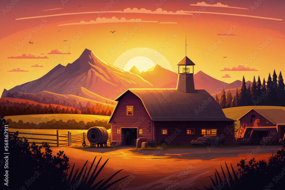 Beautiful sunset on a farm with mountains in the background. Generative AI