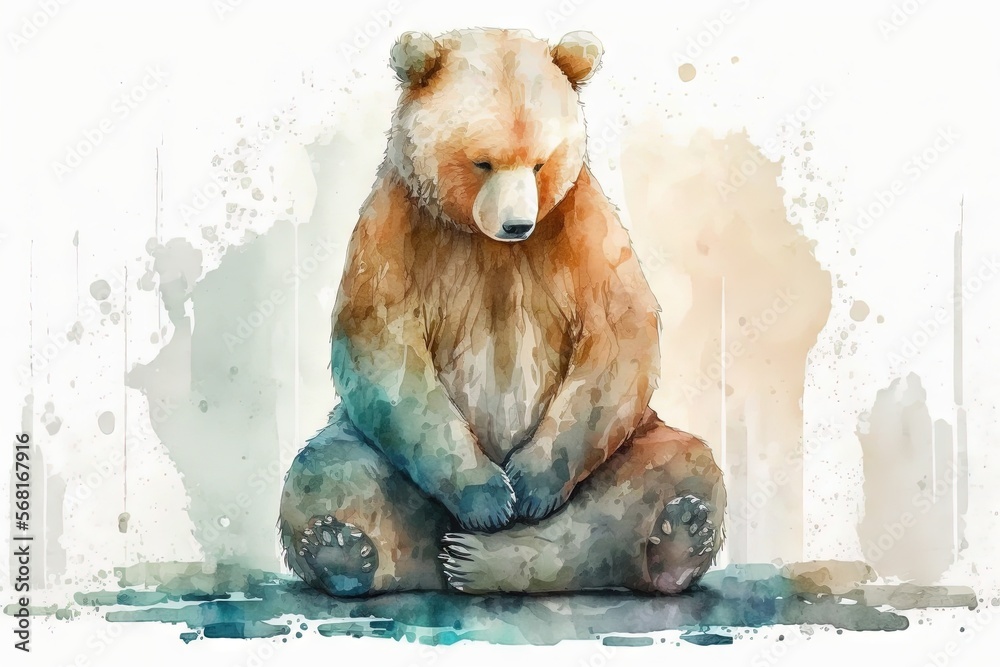 a watercolor painting of a bear sitting on the ground with his legs ...