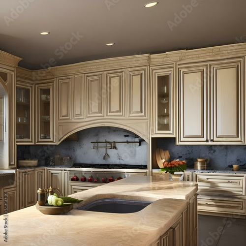 French country style kitchen with a large island1, Generative AI photo