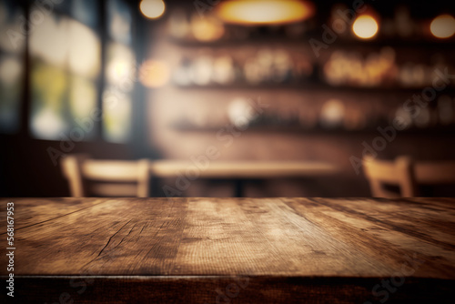 Table en bois vide, vue de dessus, avec un fond restaurant bar flou (AI)