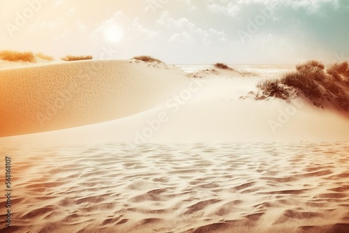  a desert landscape with sand dunes and a blue sky in the background with clouds in the sky and sun shining through the clouds in the sky. generative ai