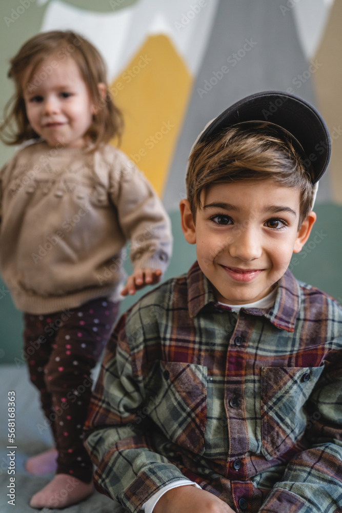 siblings portrait caucasian boy and girl brother and sister at home siblings portrait caucasian boy and girl brother and sister at home