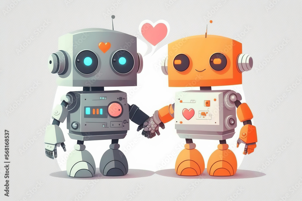 Robots in Love 3D Render, Robot Couple Vector, Cute Robot Character