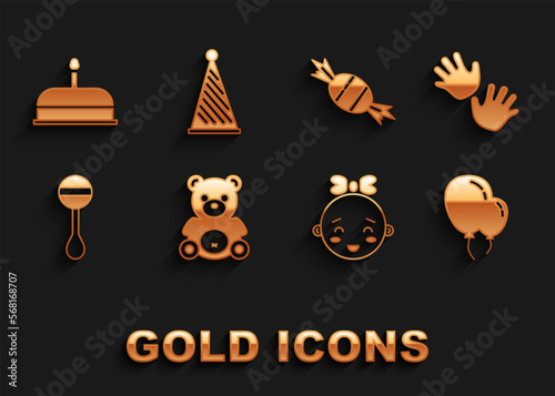 Set Teddy bear plush toy, Baby hands print, Balloons with ribbon, Happy little girl head, Rattle baby, Candy, Cake burning candles and Party hat icon. Vector