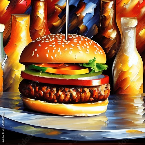Giant Perfect Burger or Cheesburger - Semi Palette Knife Thick Style Oil Art on Canvas. Extra Juicy Hamburger in Wooden Plate - Abstract Impressionist Acrylic Painting. Close up. Generative AI art.