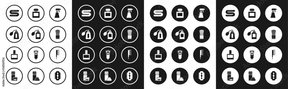 Set Hairdresser pistol spray bottle, Aftershave with atomizer, Towel, Shaving brush, Hairbrush and icon. Vector Set Hairdresser pistol spray bottle, Aftershave with atomizer, Towel, Shaving brush, Hairbrush and icon. Vector