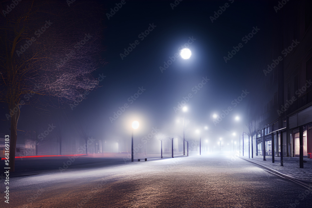 A Dark Cold Street On Winter Night And The Street Is Eerily Empty created with Generative AI technology