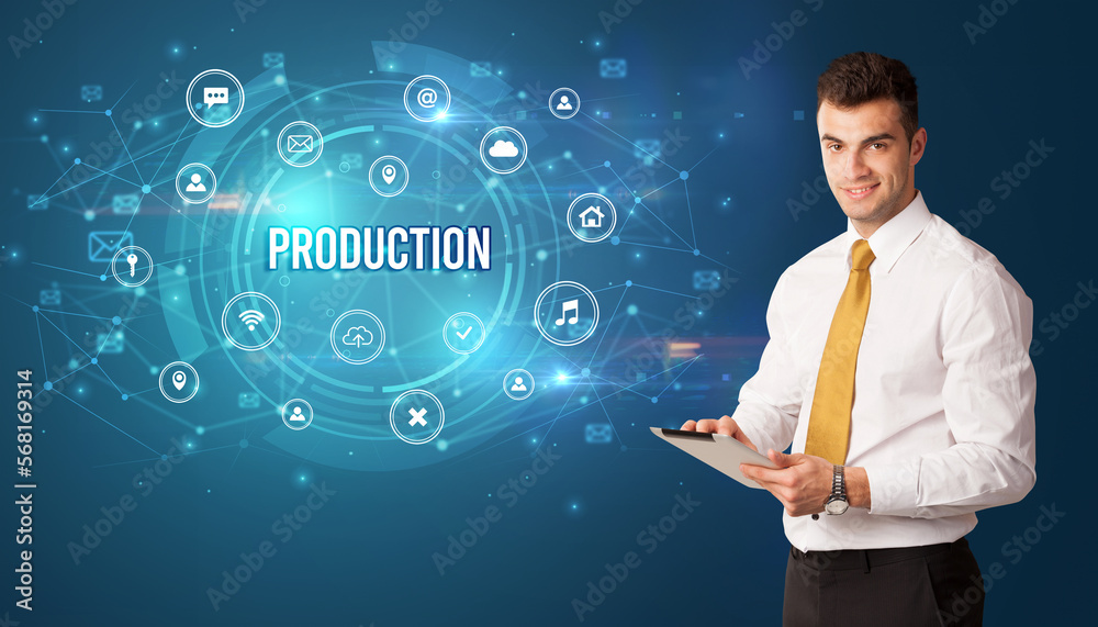 Businessman thinking about modern technology Businessman thinking about modern technology