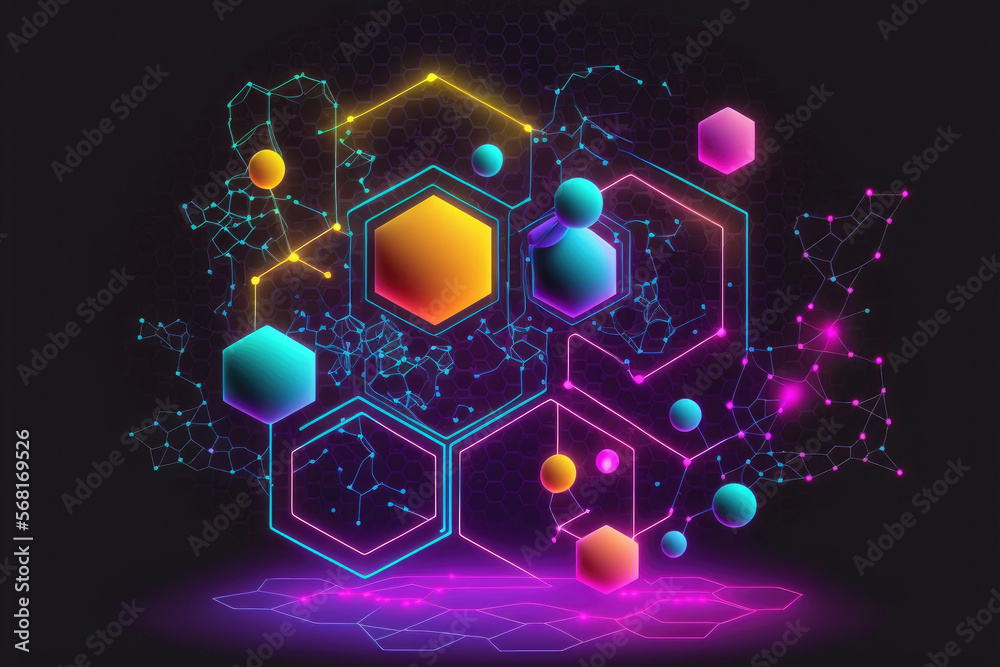 Background with neon colors with abstract geometrical and scientific patterns and copy space. Background of the Plexus connection. Concept for a business presentation. Artificial intelligence and the Background with neon colors with abstract geometrical and scientific patterns and copy space. Background of the Plexus connection. Concept for a business presentation. Artificial intelligence and the