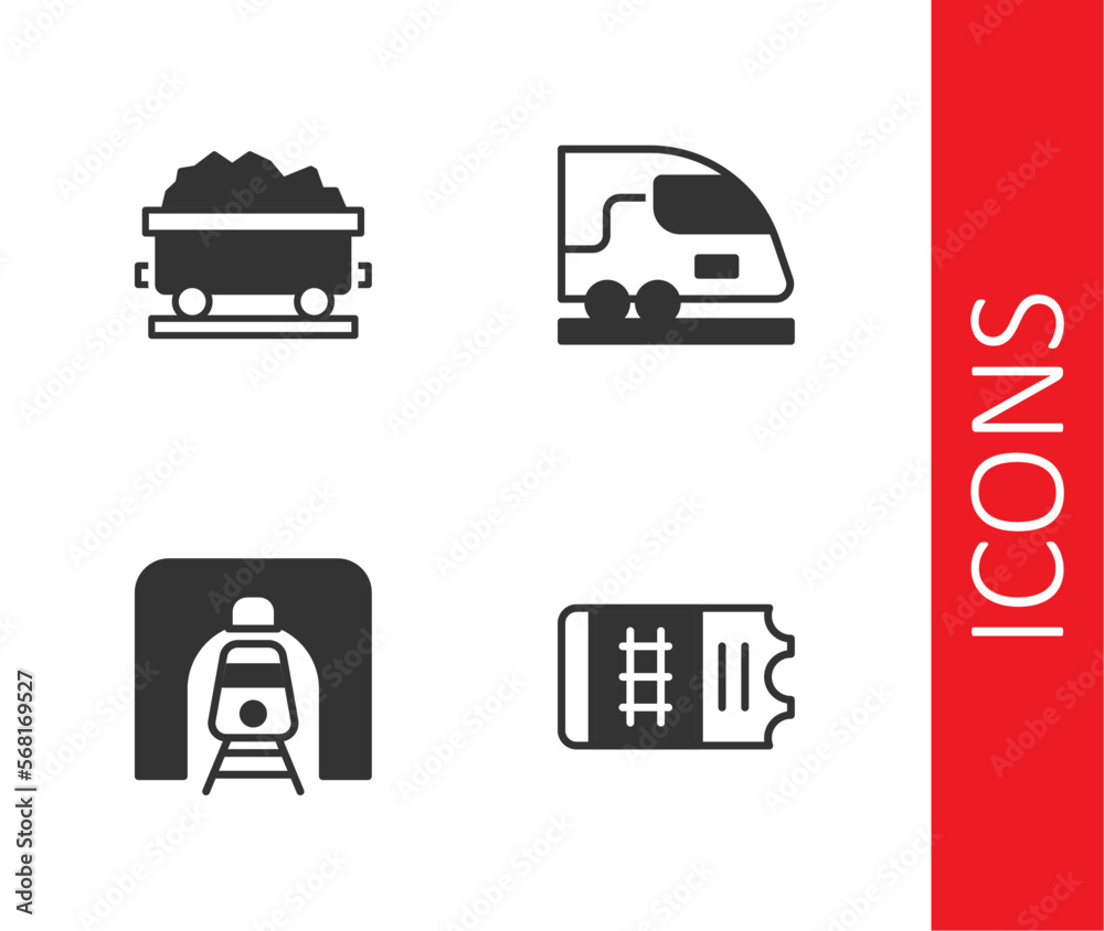 Set Train ticket, Coal train wagon, railway tunnel and High-speed icon. Vector Set Train ticket, Coal train wagon, railway tunnel and High-speed icon. Vector